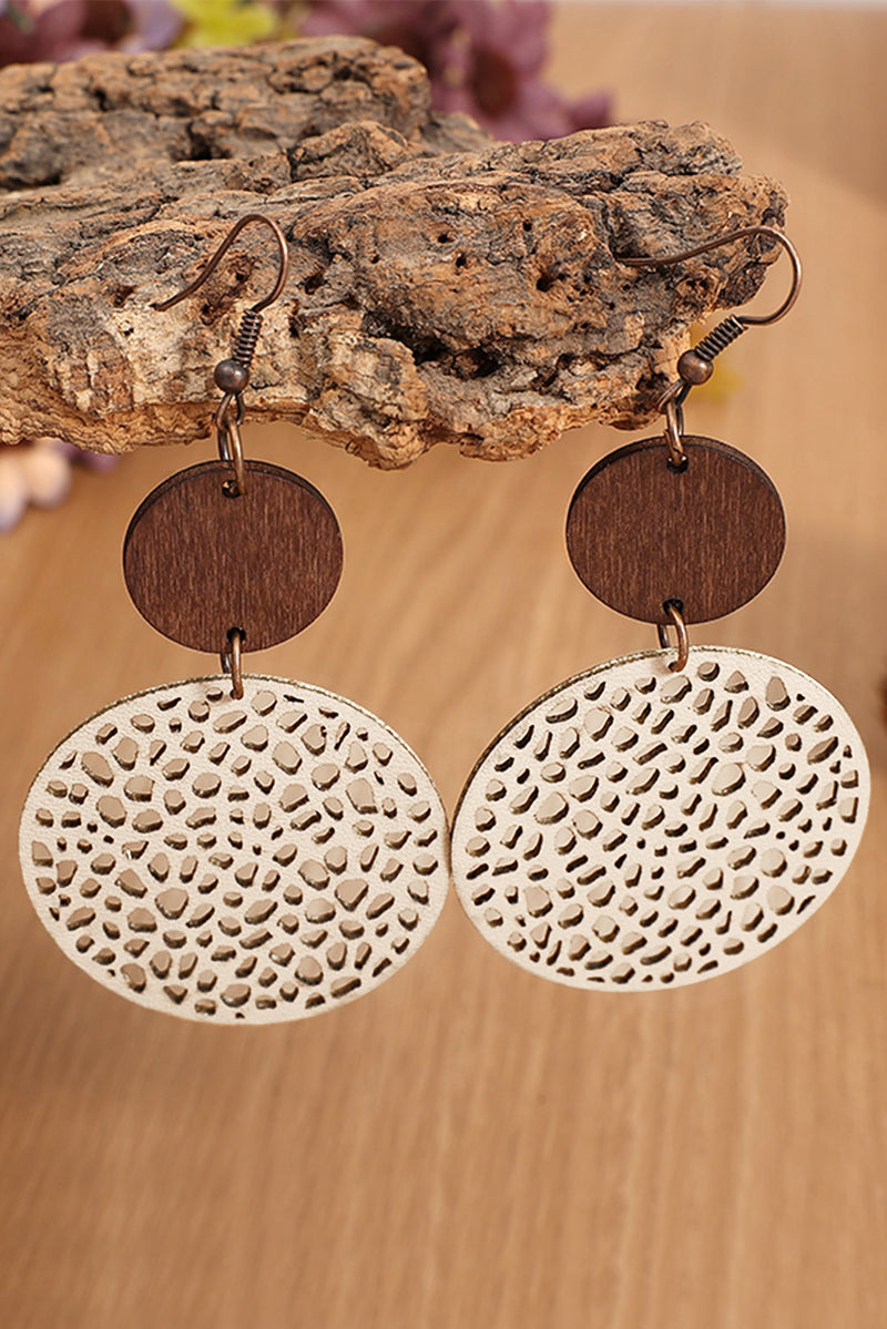 Beige Hollow Out Wooden Round Drop Earrings