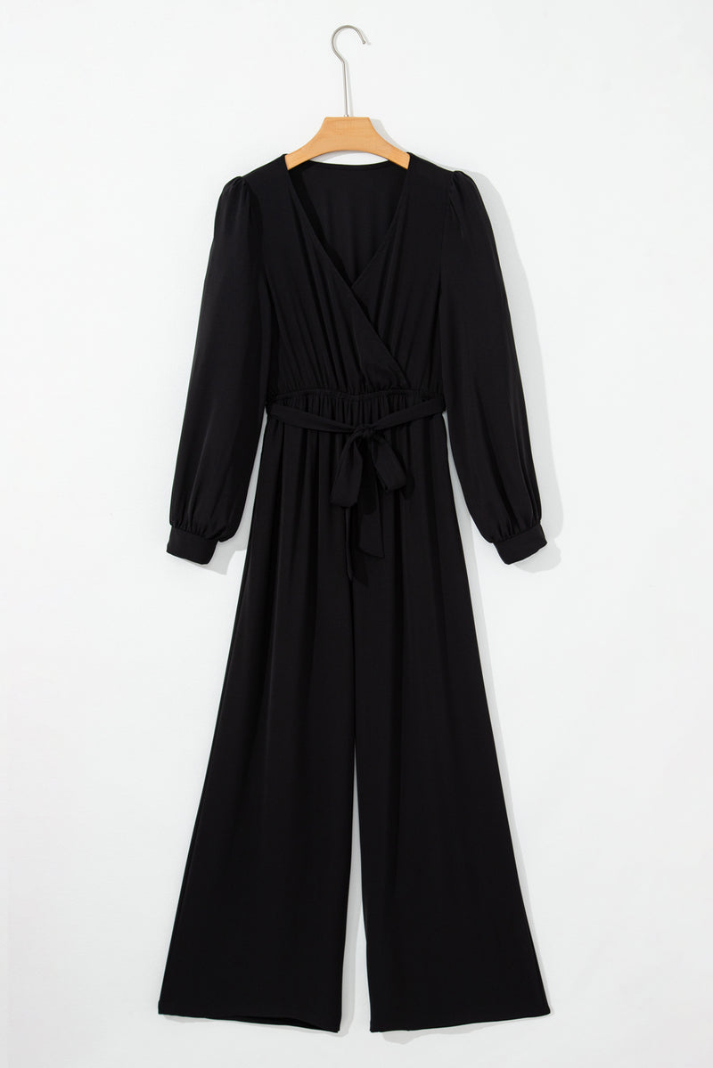 Black Cutout Back Belted V Neck Wide Leg Jumpsuit