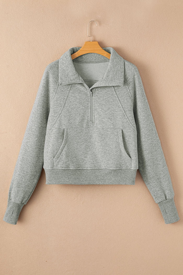 Gray Zip Up Stand Collar Ribbed Thumbhole Sleeve Sweatshirt