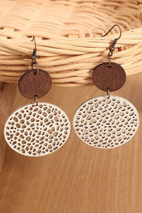 Beige Hollow Out Wooden Round Drop Earrings