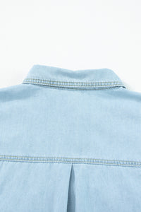 Mist Blue Vintage Light Wash Flap Pockets Rounded Hem Shirt