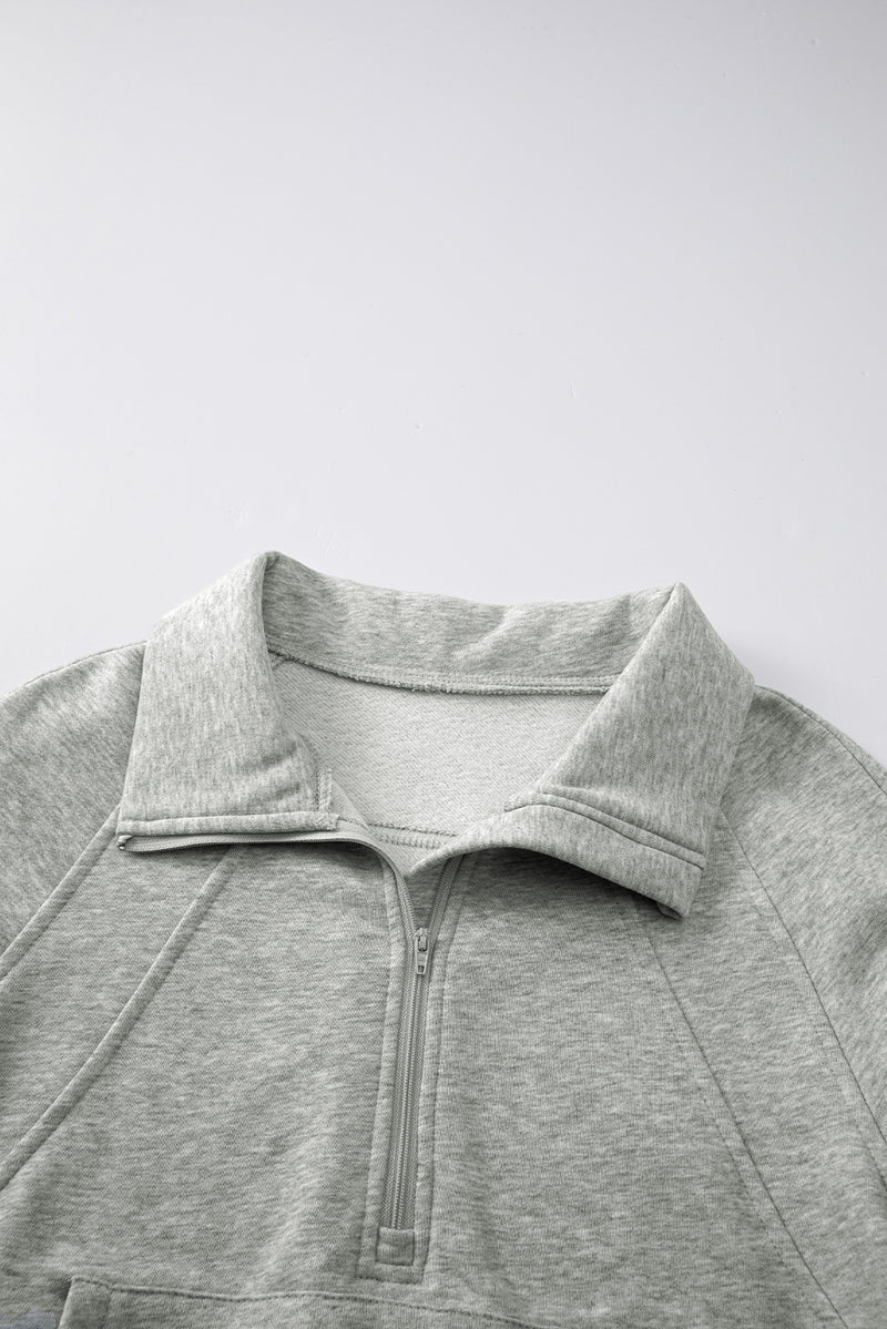 Gray Zip Up Stand Collar Ribbed Thumbhole Sleeve Sweatshirt