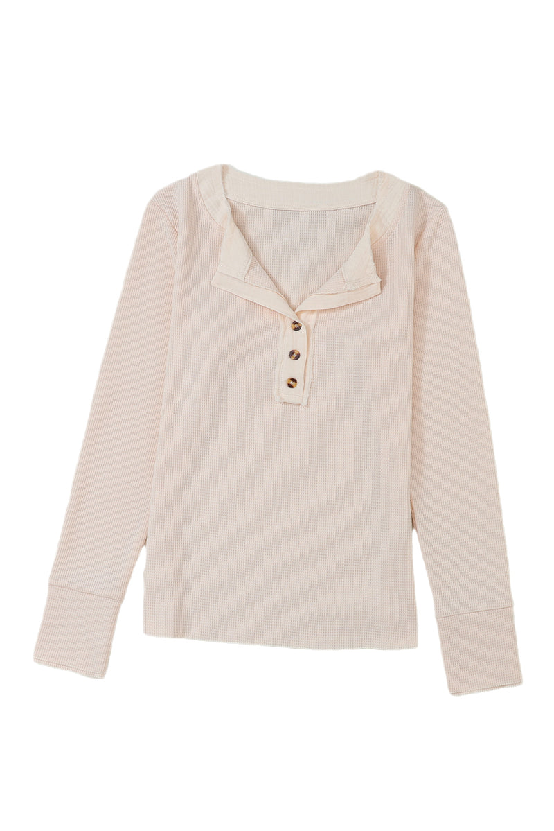 Beige Waffle Knit Textured Henley Top