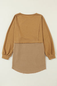 Camel Crinkle Splicing Raw Hem High Low Oversized Blouse