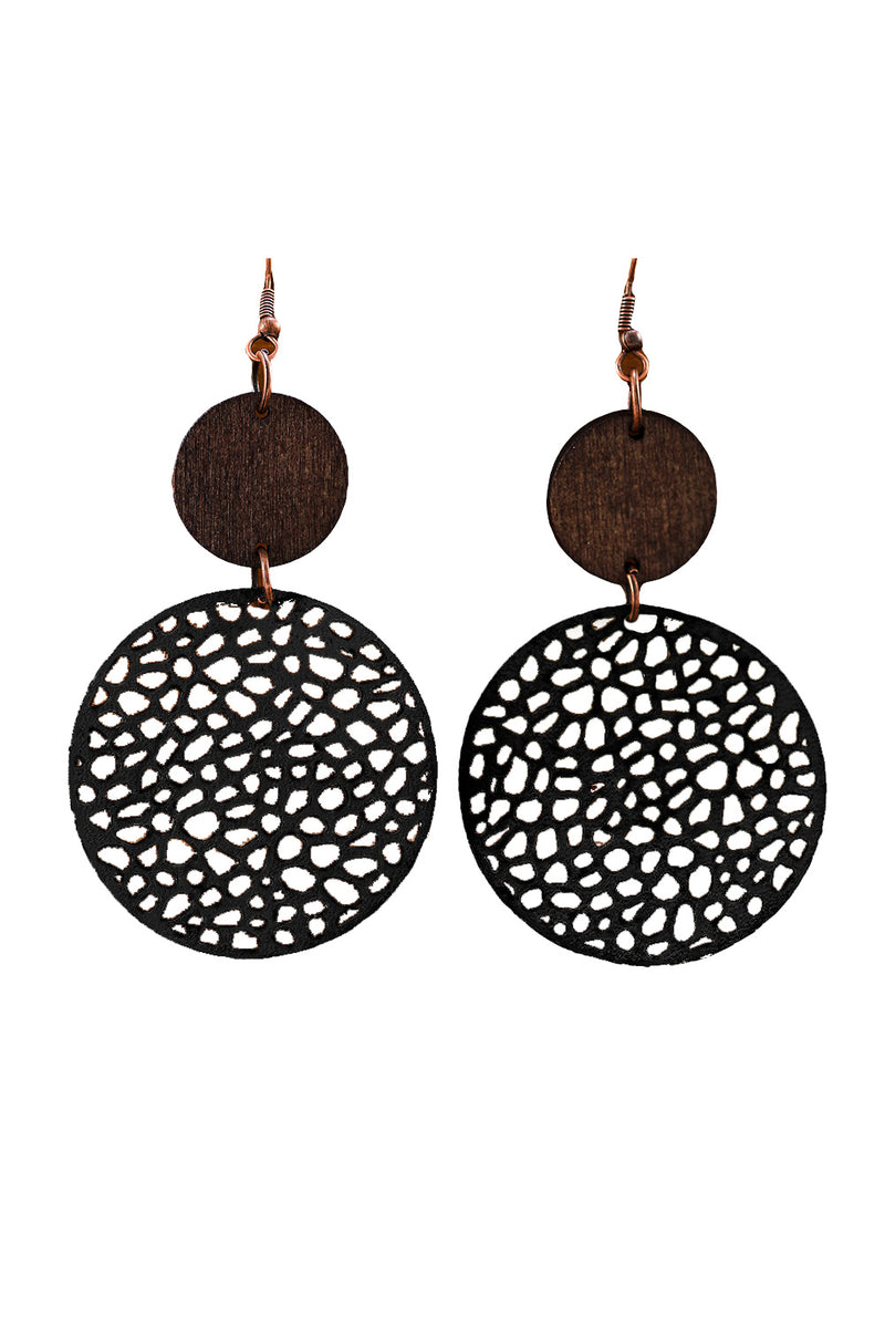 Black Hollow Out Wooden Round Drop Earrings