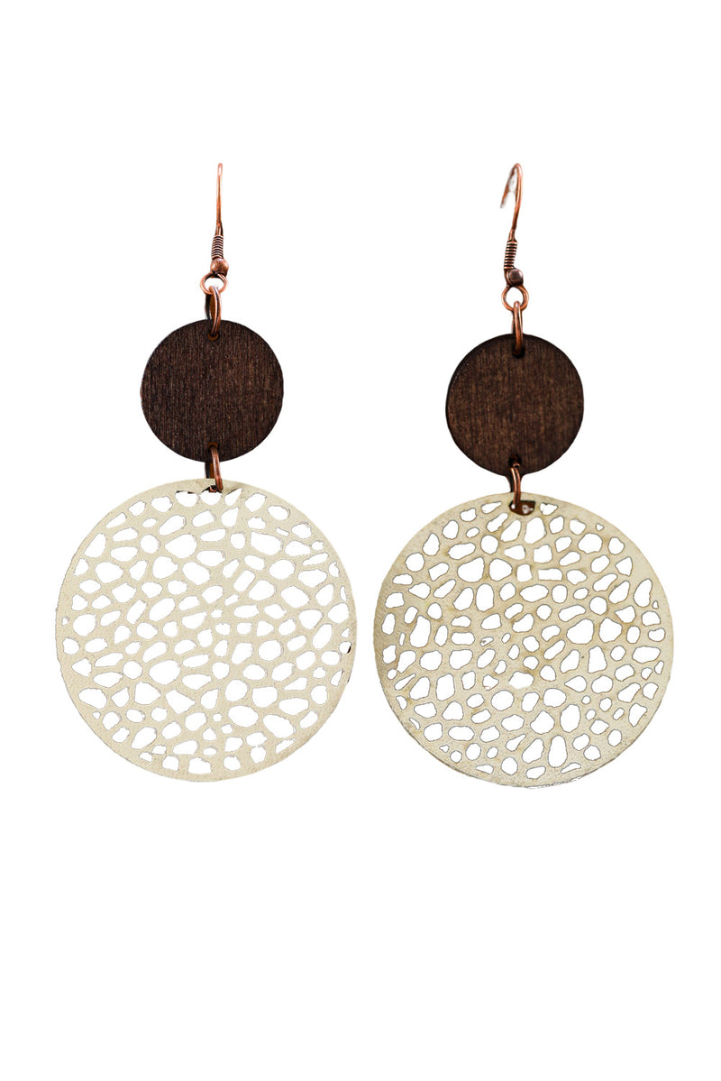 Beige Hollow Out Wooden Round Drop Earrings