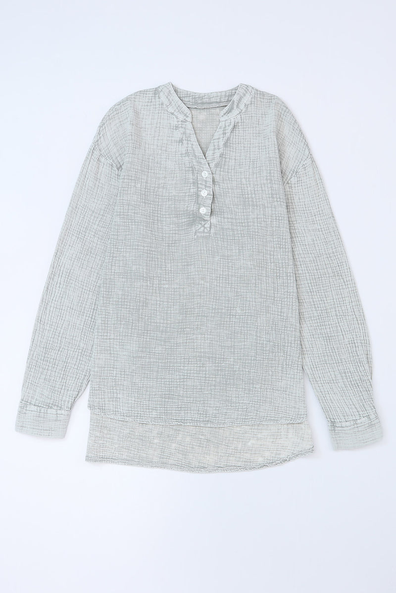 Gray Crinkle Textured Loose Henley Top