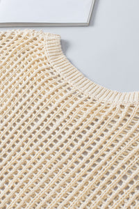 Apricot Fishnet Knit Ribbed Round Neck Short Sleeve Sweater Tee