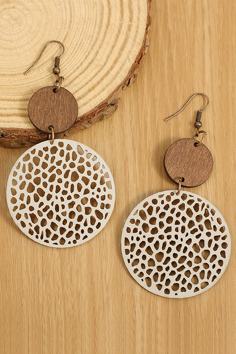 Beige Hollow Out Wooden Round Drop Earrings