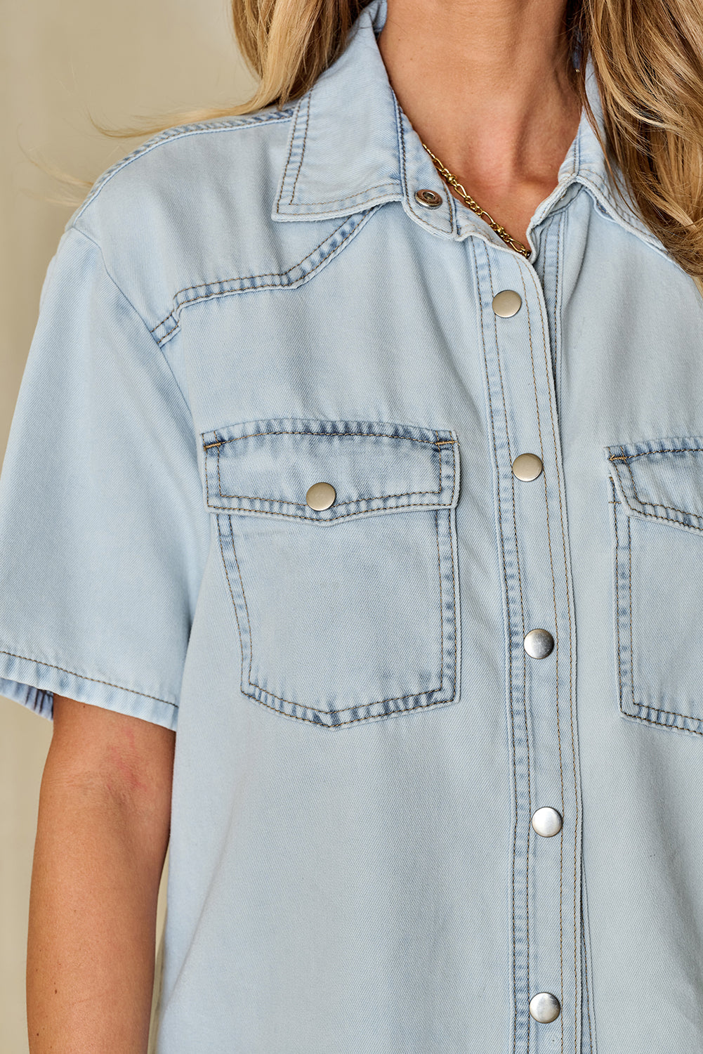 Mist Blue Vintage Light Wash Flap Pockets Rounded Hem Shirt