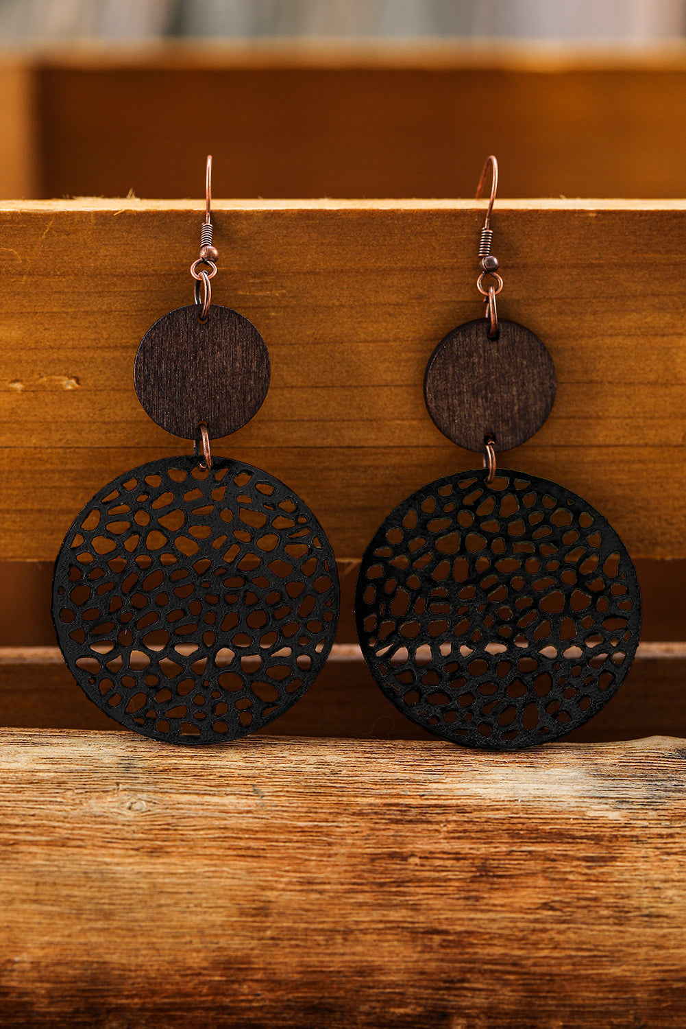 Black Hollow Out Wooden Round Drop Earrings