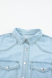 Mist Blue Vintage Light Wash Flap Pockets Rounded Hem Shirt