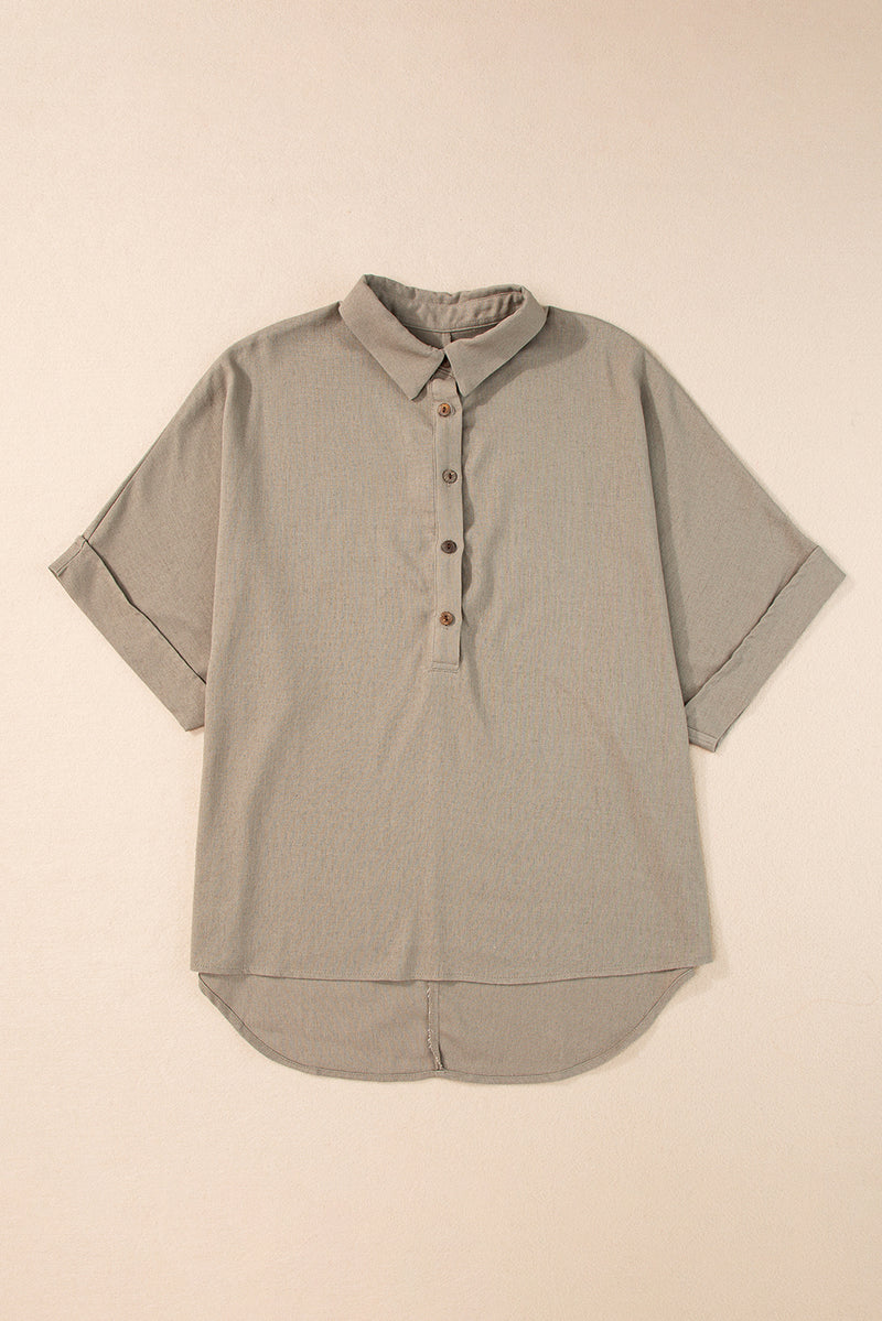 Simply Taupe Collared Half Buttons Folded Short Sleeve Oversize Top