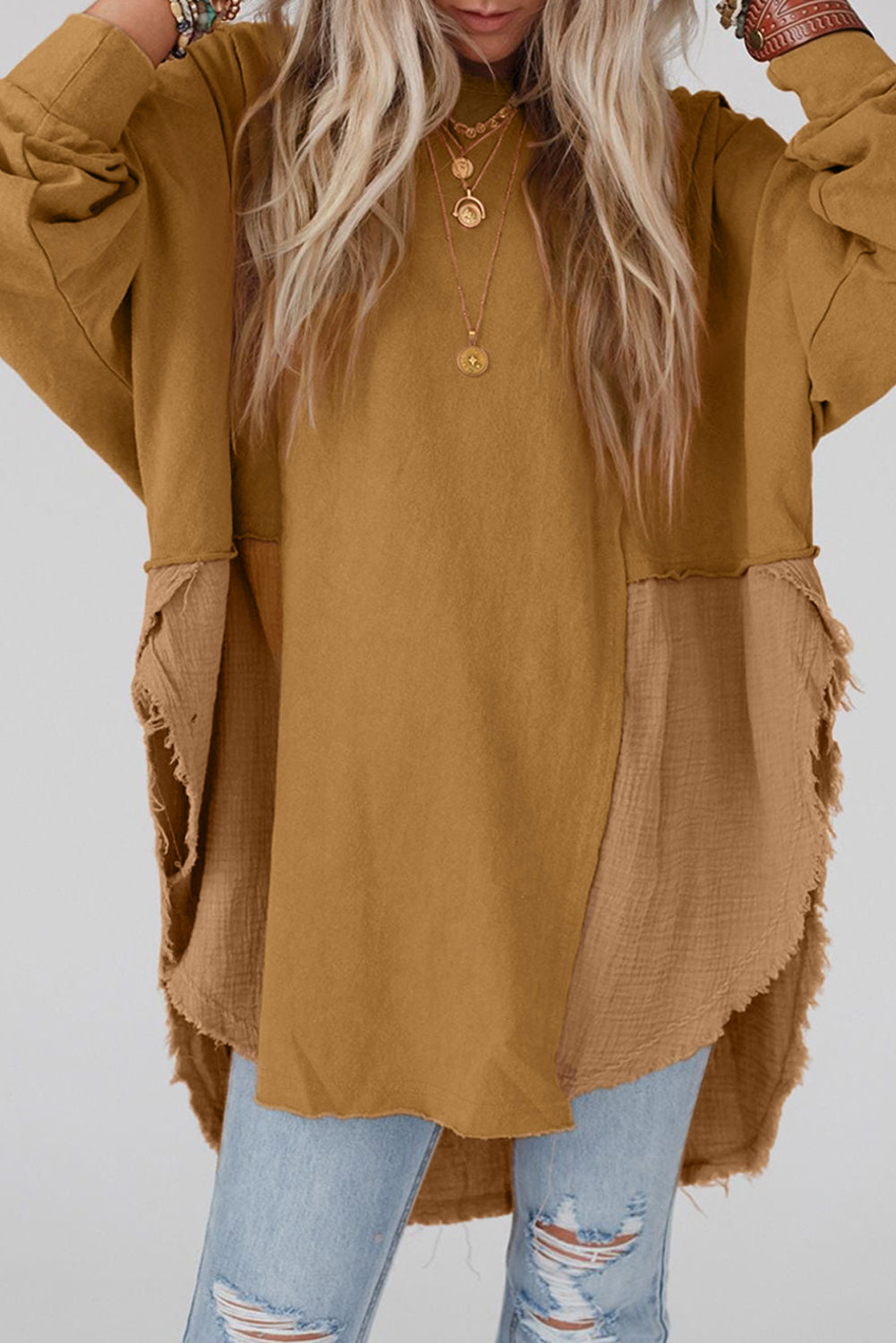 Camel Crinkle Splicing Raw Hem High Low Oversized Blouse