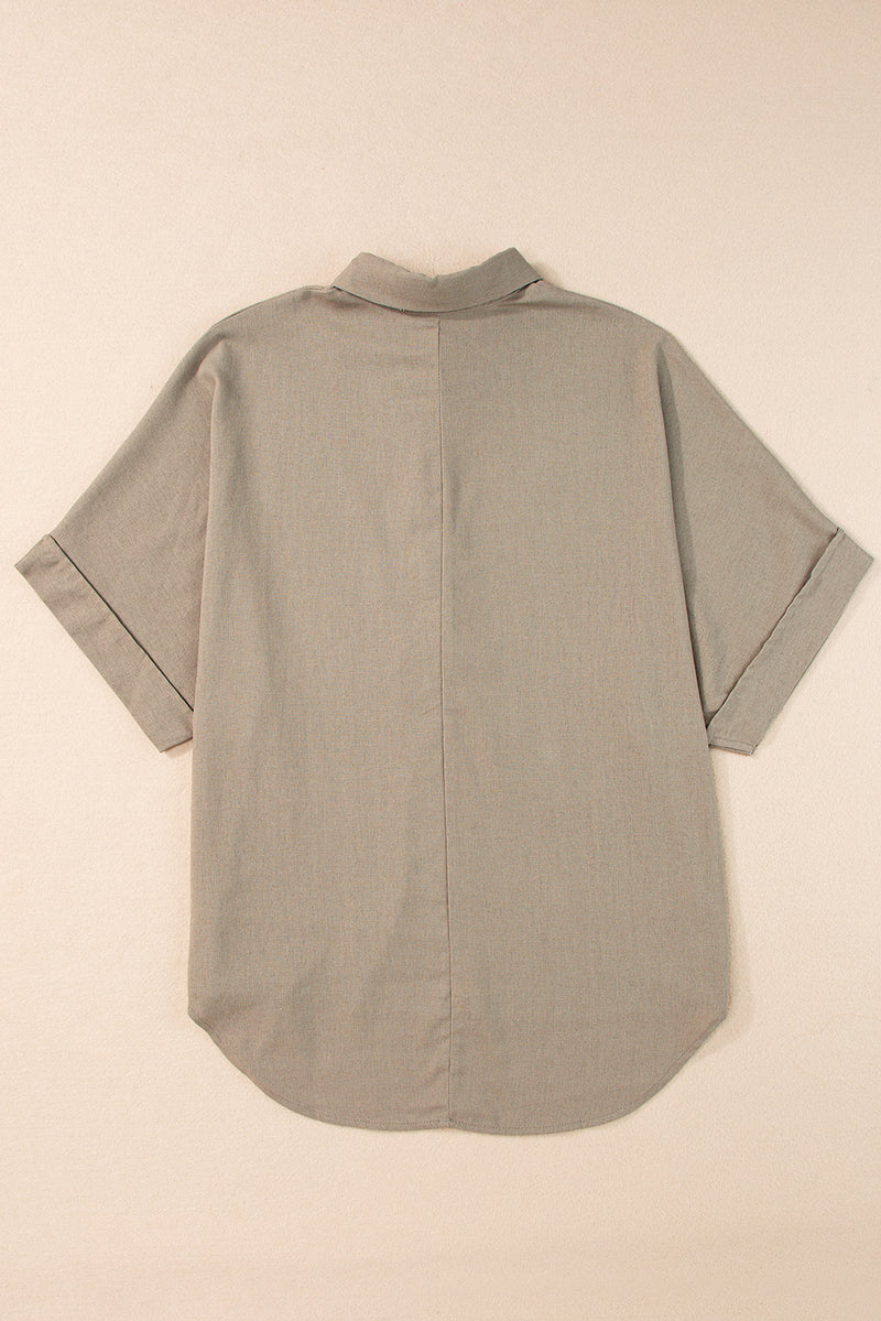 Simply Taupe Collared Half Buttons Folded Short Sleeve Oversize Top