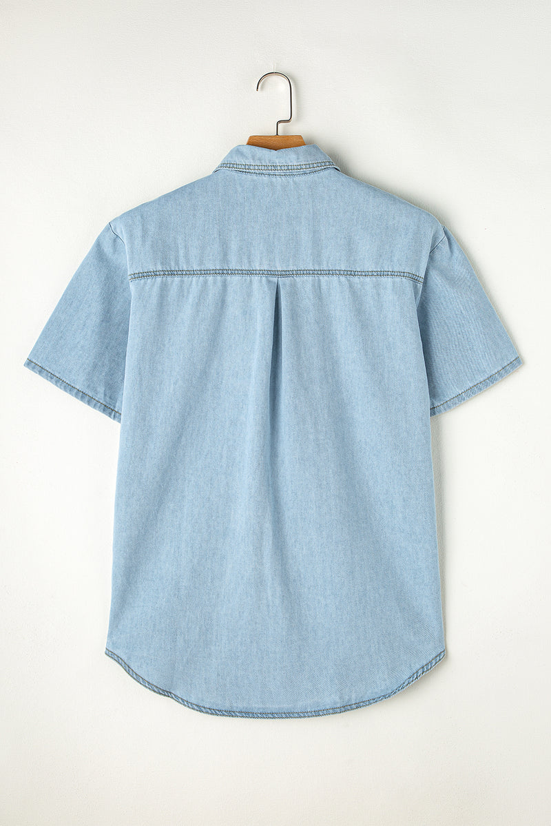 Mist Blue Vintage Light Wash Flap Pockets Rounded Hem Shirt