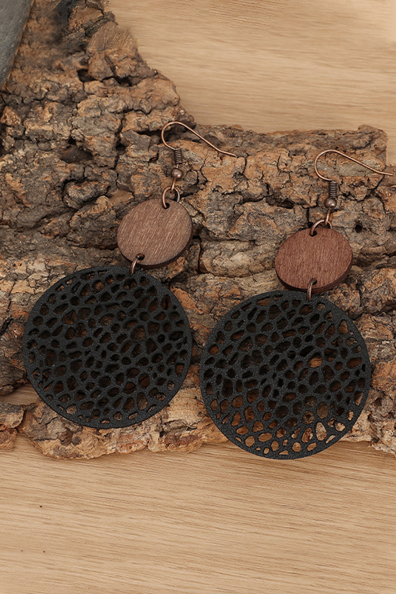 Black Hollow Out Wooden Round Drop Earrings