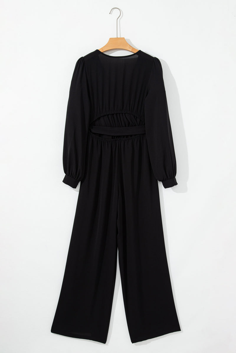 Black Cutout Back Belted V Neck Wide Leg Jumpsuit