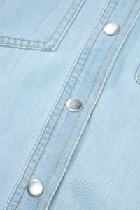 Mist Blue Vintage Light Wash Flap Pockets Rounded Hem Shirt