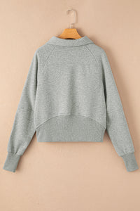 Gray Zip Up Stand Collar Ribbed Thumbhole Sleeve Sweatshirt