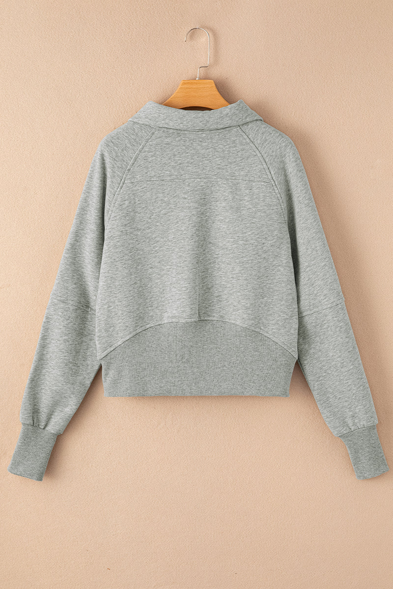 Gray Zip Up Stand Collar Ribbed Thumbhole Sleeve Sweatshirt