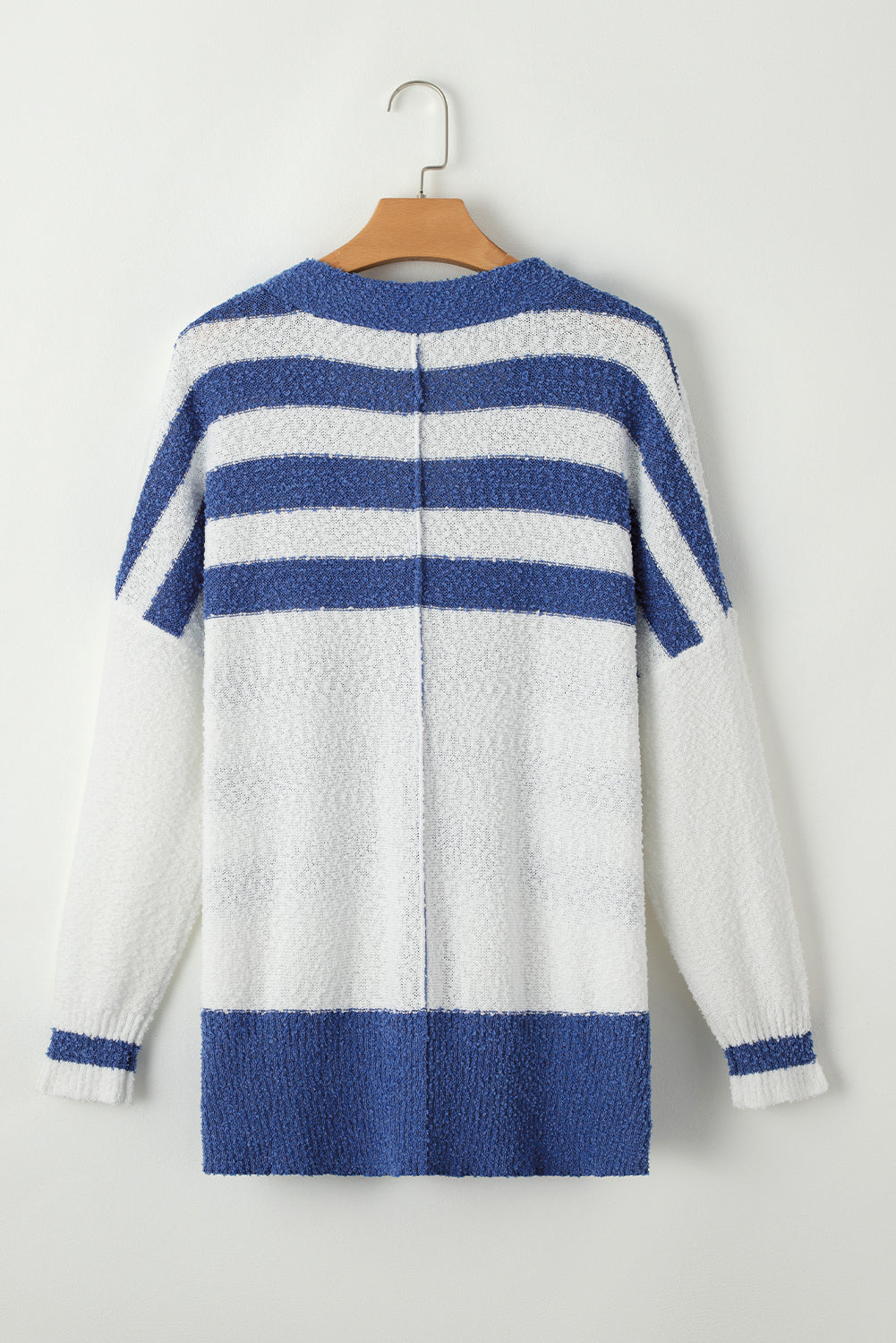 Blue Stripe V Neck Buttoned High Low Sweater Cardigan