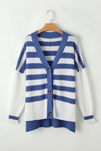 Blue Stripe V Neck Buttoned High Low Sweater Cardigan