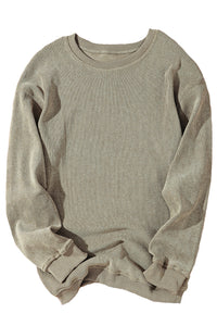 Green Solid Ribbed Knit Round Neck Pullover Sweatshirt