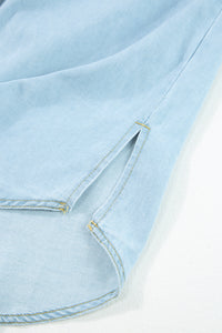 Mist Blue Vintage Light Wash Flap Pockets Rounded Hem Shirt