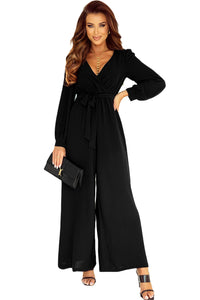 Black Cutout Back Belted V Neck Wide Leg Jumpsuit